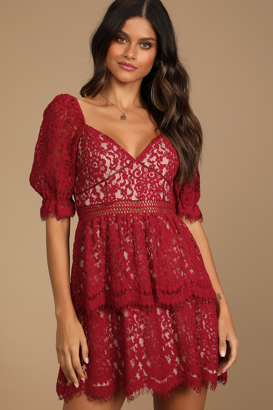 Red Lace Mini Dress - Tiered Lace Dress ...